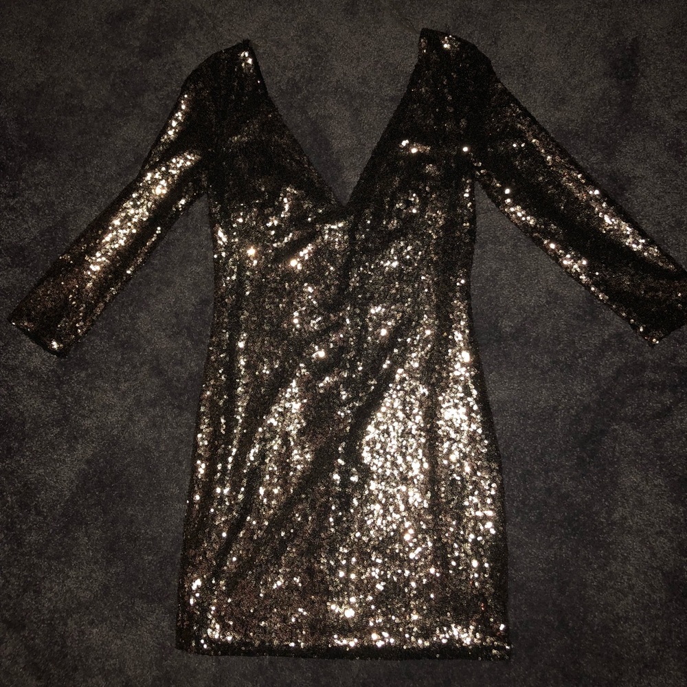 Bronze sequin bodycon dress with deep V